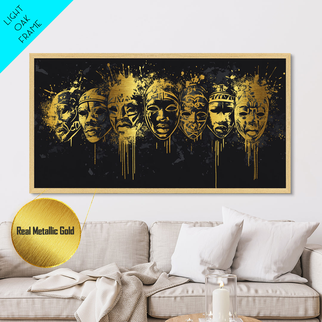 Intricate Regal Mask Metallic Gold Art, Ornate Splatter Metal Print, Real Wood Frame Wall Décor, Dramatic Statement Artwork