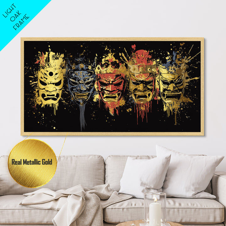 Tribal Mask Metallic Gold Art, Primitive Splatter Metal Print, Real Wood Frame Wall Décor, Ethnic Gothic Statement Artwork