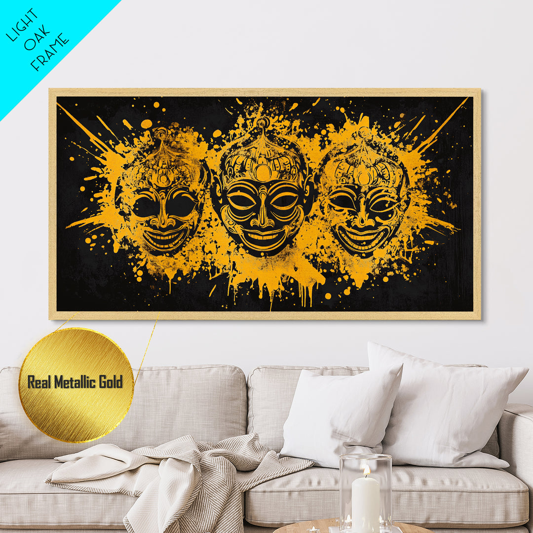 Ancient Warrior Mask Metallic Gold Art, Tribal Splatter Metal Print, Real Wood Frame Wall Décor, Bold Dramatic Statement Art