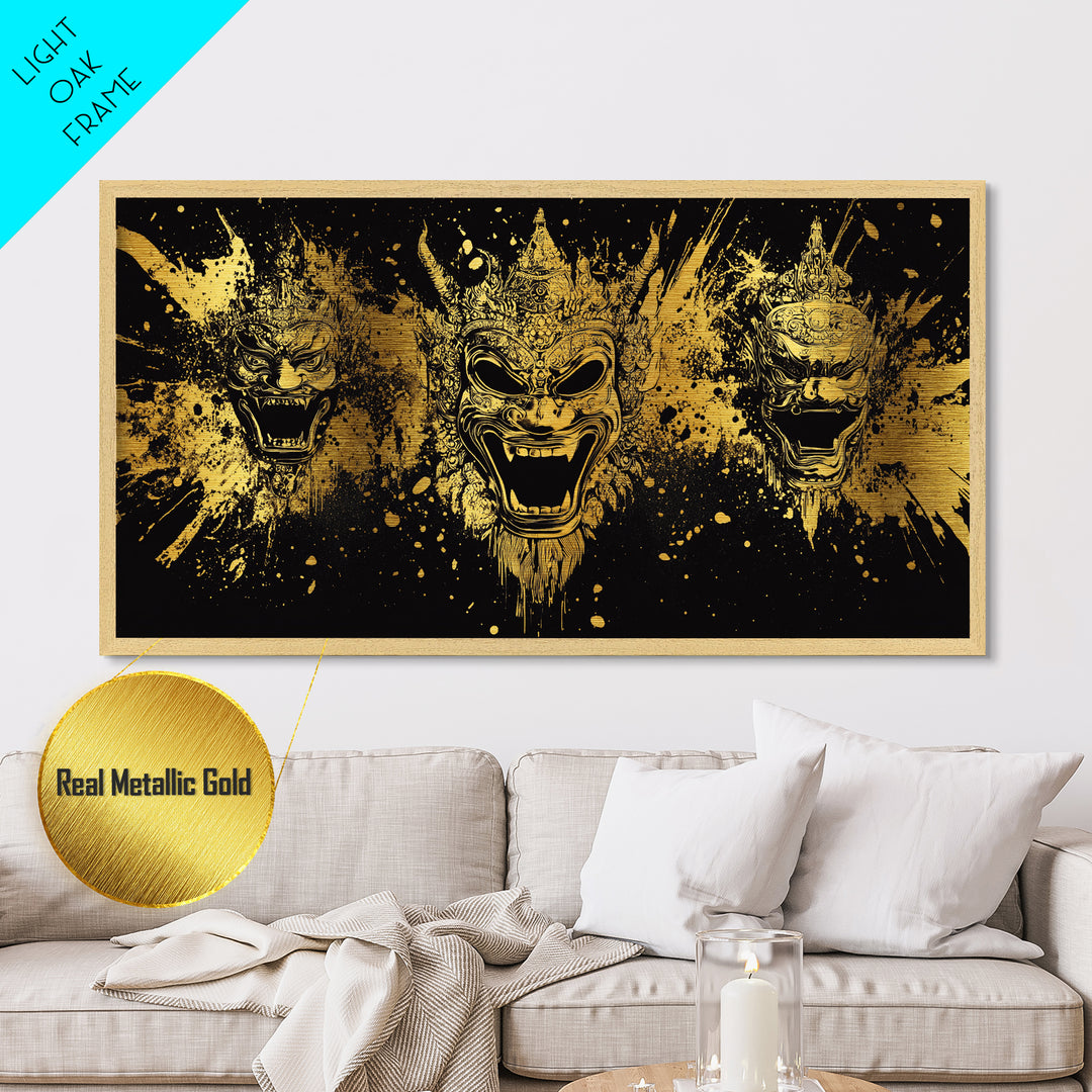 Royal Mask Metallic Gold Art, Splatter Metal Print With Ornate Details, Real Wood Frame Wall Décor, Dramatic Theater Artwork