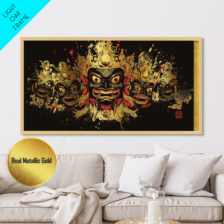 African Tribal Mask Metallic Gold Art, Ethnic Splatter Metal Print, Real Wood Frame Wall Décor, Cultural Bold Statement Artwork