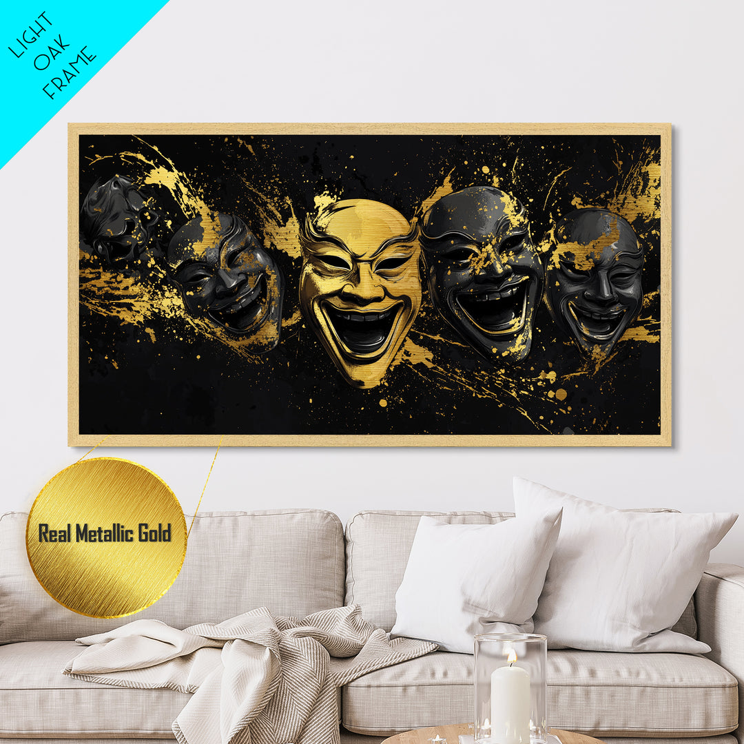 Fierce Demon Mask Metallic Gold Metal Print, Splatter Abstract Mask Art On Metal, Real Wood Frame Wall Décor, Bold Gothic Artwork