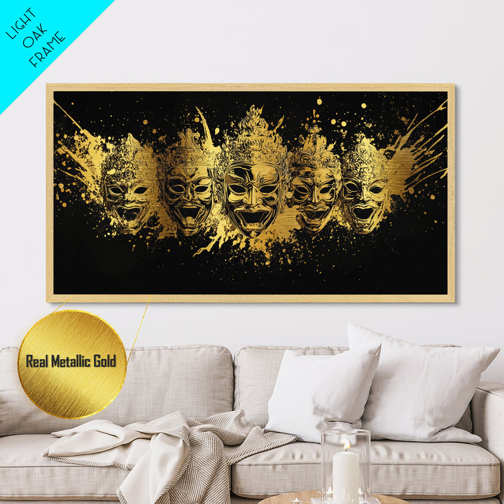Warrior Mask Set Metallic Gold Art, Splatter Tribal Mask Metal Print, Real Wood Frame Wall Décor, Dramatic Cultural Statement Art