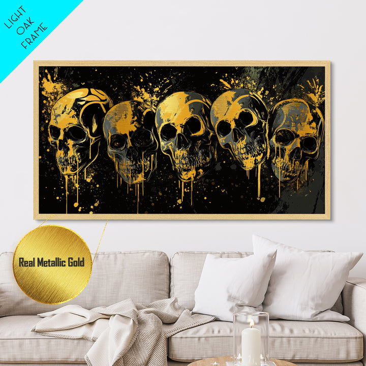 Dark Skull Mask Metallic Gold Metal Print, Splatter Gothic Art On Metal, Real Wood Frame Wall Décor, Macabre Dramatic Wall Artwork