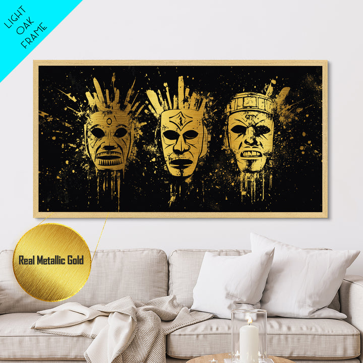Mystical Sacred Mask Metallic Gold Art, Ornate Splatter Mask Metal Print, Real Wood Frame Wall Décor, Spiritual Bold Statement Artwork