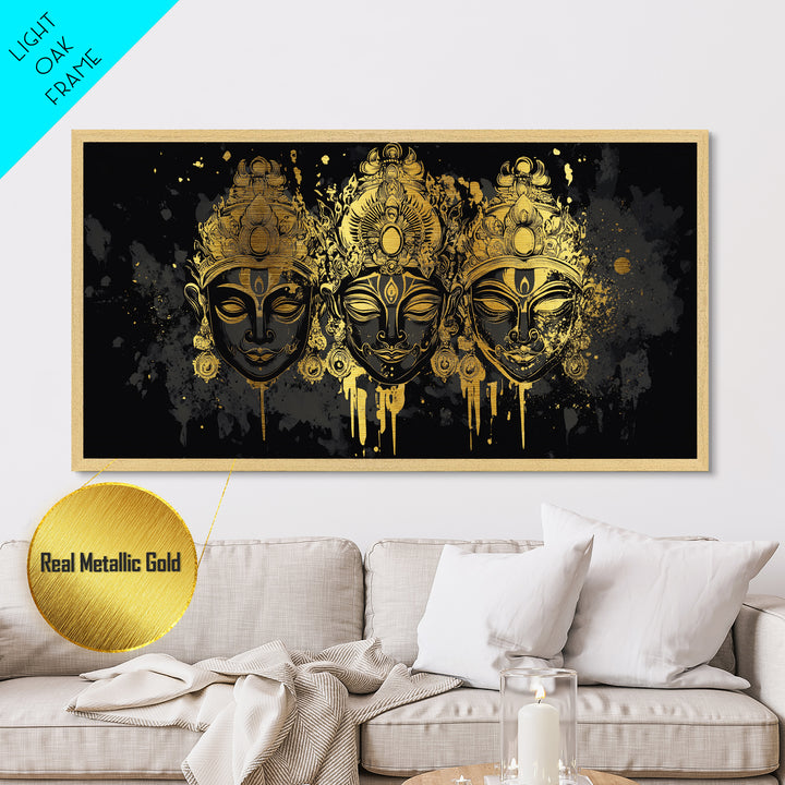 Ornate Demon Mask Metallic Gold Metal Print, Splatter Tribal Art On Metal, Real Wood Frame Wall Décor, Fierce Gothic Statement Artwork