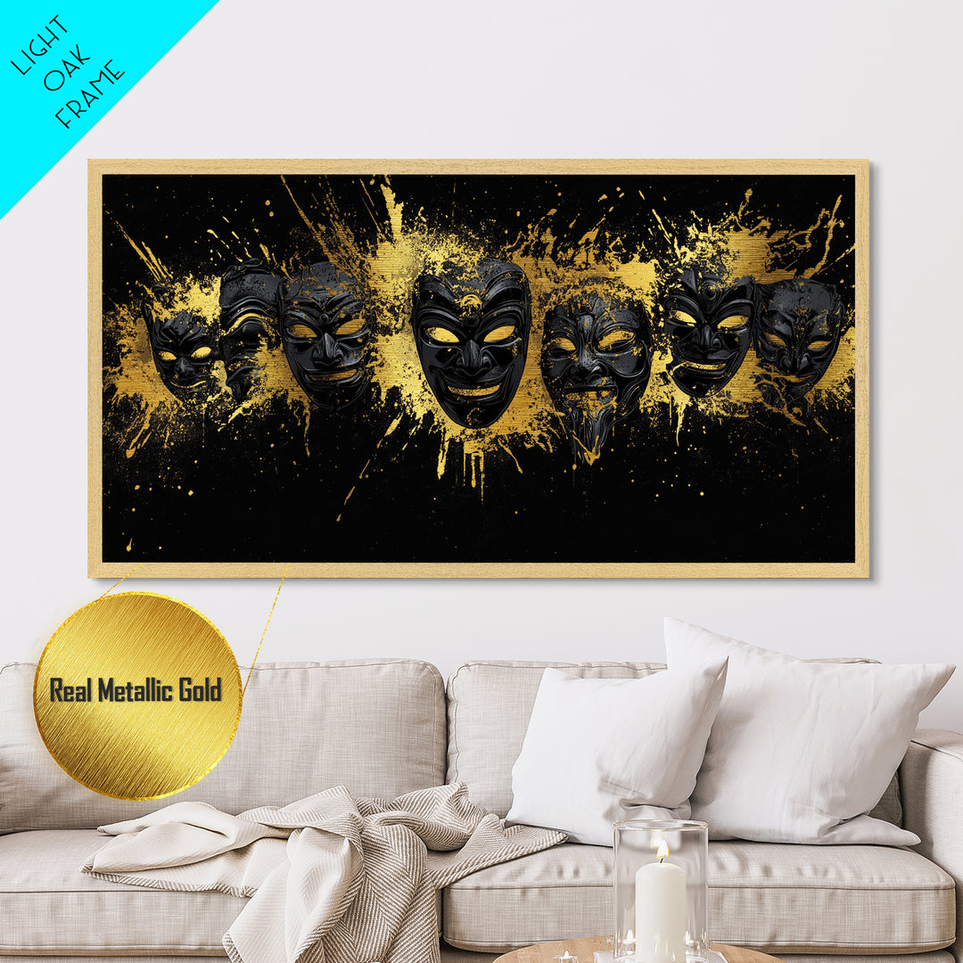 Fiery Demon Mask Metallic Gold Metal Print, Ornate Splatter Mask Art On Metal, Real Wood Frame Wall Décor, Bold Cultural Wall Artwork