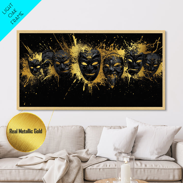Fiery Demon Mask Metallic Gold Metal Print, Ornate Splatter Mask Art On Metal, Real Wood Frame Wall Décor, Bold Cultural Wall Artwork