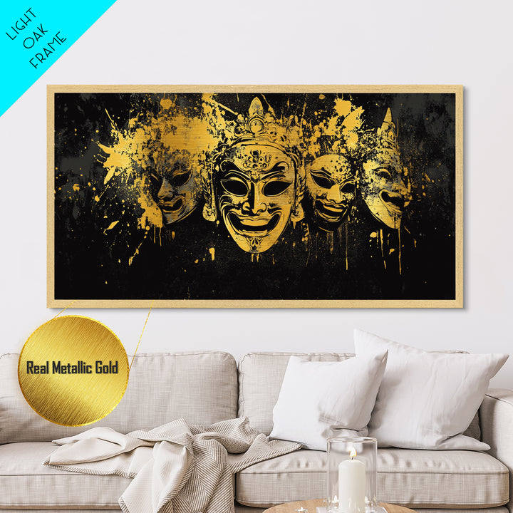 Regal Mask Set Metallic Gold Art, Splatter Tribal Demon Mask Metal Print, Real Wood Frame Wall Décor, Bold Fierce Statement Artwork