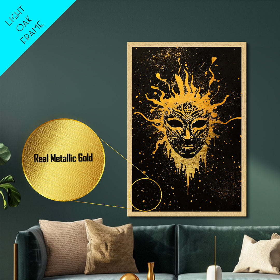 Mystical Tribal Mask Metallic Gold Metal Print, Abstract Face Art, Splatter Style Wall Decor, Real Wood Frame