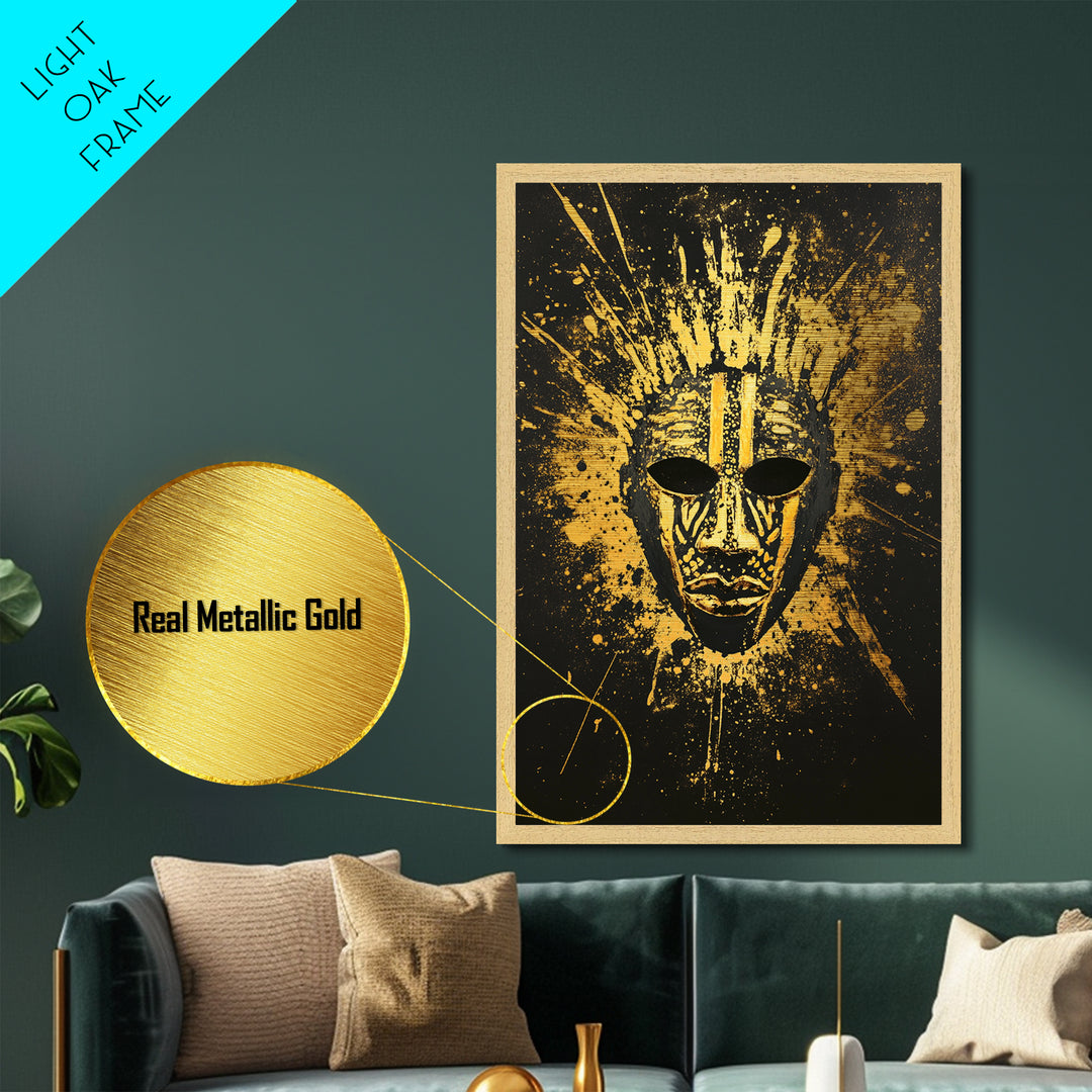 Ancient African Mask Metallic Gold Metal Print, Bold Face Art, Ethnic Splatter Wall Decor, Real Wood Frame