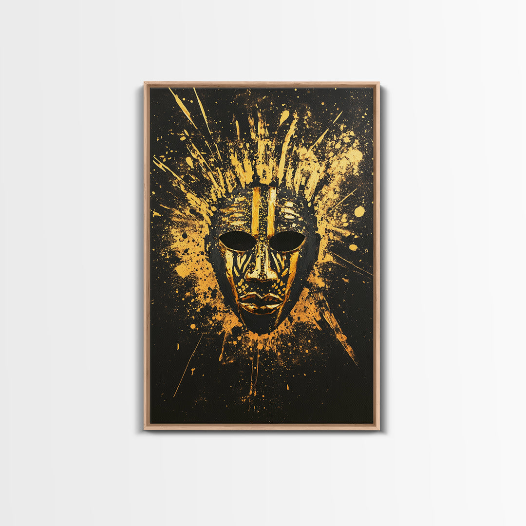 Sacred Tribal Mask Gold Canvas Print, Modern Ethnic Face Art, Spiritual Wall Decor, Real Wood Frame