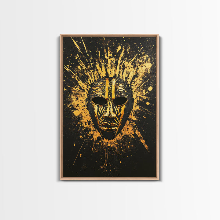 Sacred Tribal Mask Gold Canvas Print, Modern Ethnic Face Art, Spiritual Wall Decor, Real Wood Frame