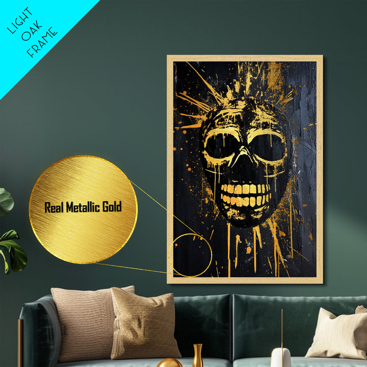 Golden Skull Mask Metallic Gold Metal Print, Dark Gothic Face Art, Horror Splatter Wall Decor, Real Wood Frame