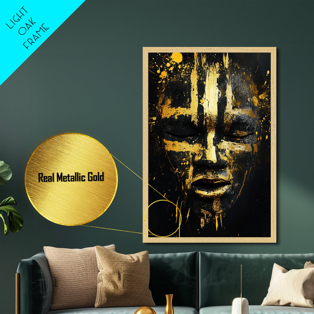 Abstract Painted Mask Metallic Gold Metal Print, Tribal Face Art, Bold Modern Wall Decor, Real Wood Frame