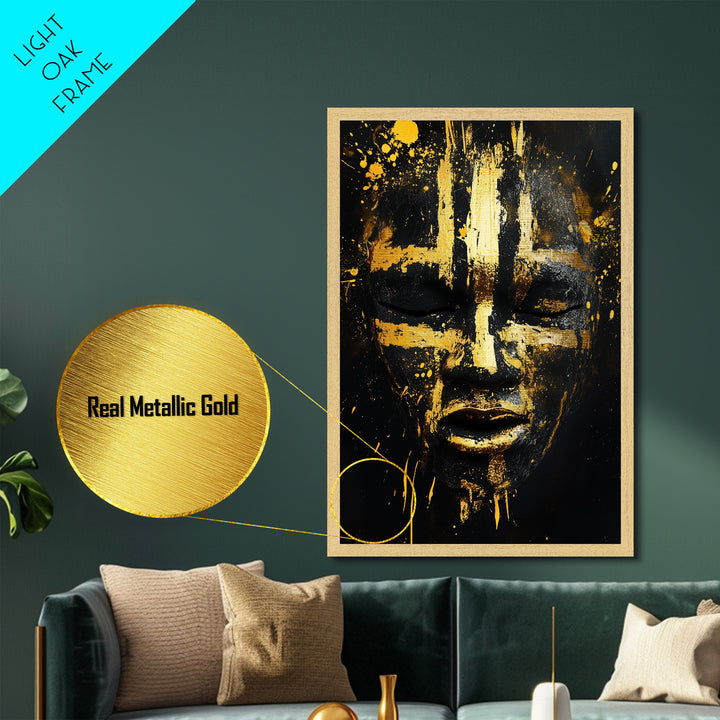 Abstract Painted Mask Metallic Gold Metal Print, Tribal Face Art, Bold Modern Wall Decor, Real Wood Frame