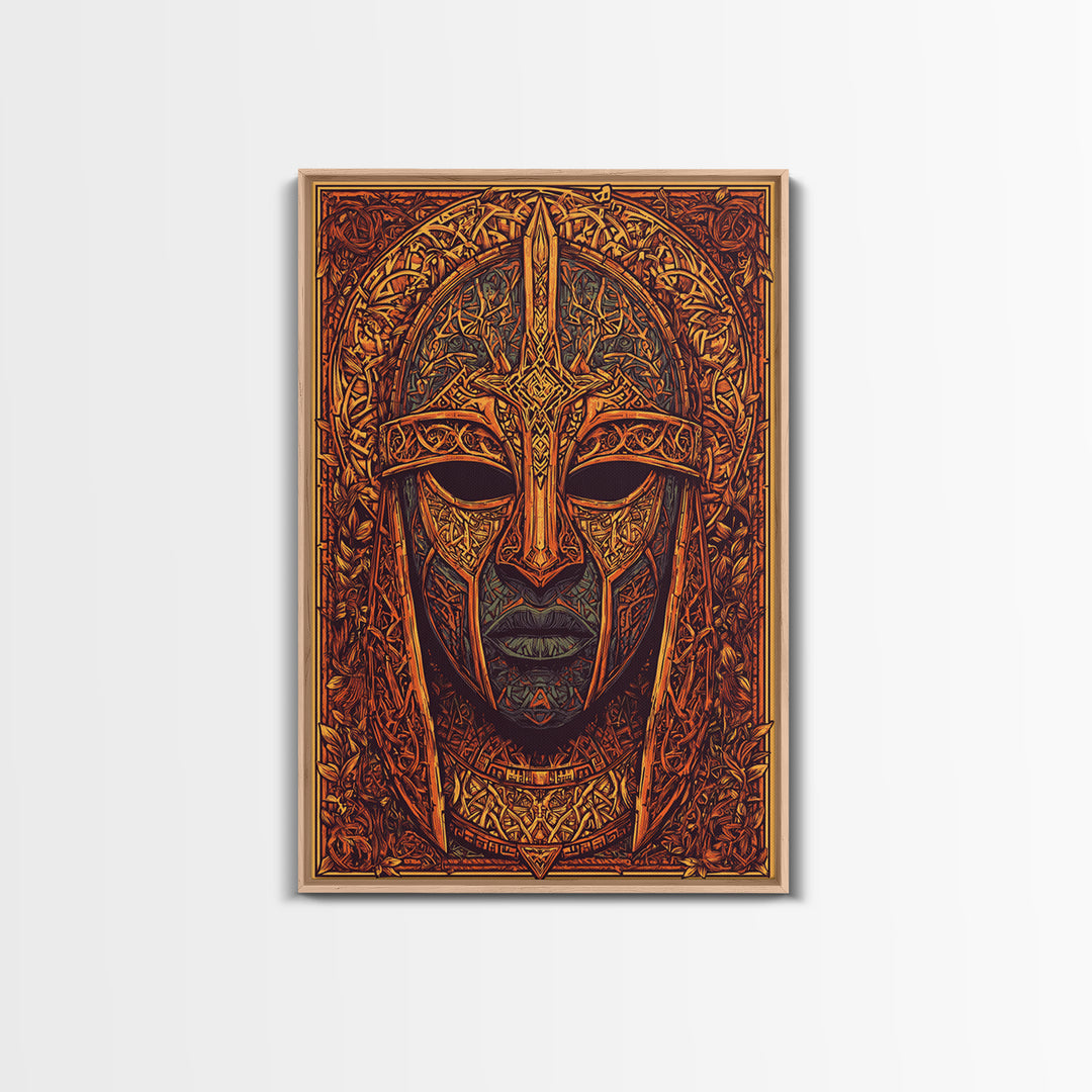Celtic Warrior Mask Gold Canvas Print, Ornate Medieval Armor Face Art, Mythic Wall Decor, Real Wood Frame