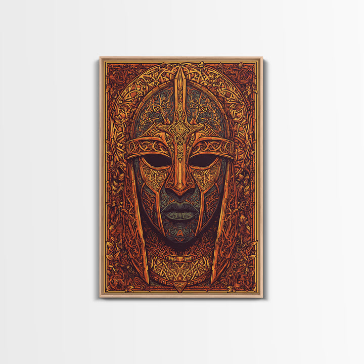 Celtic Warrior Mask Gold Canvas Print, Ornate Medieval Armor Face Art, Mythic Wall Decor, Real Wood Frame