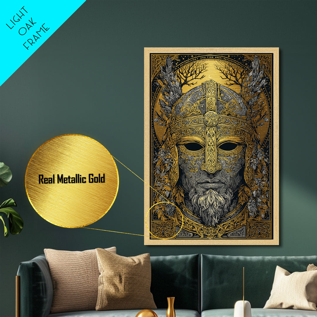 Viking Warrior Mask Metallic Gold Metal Print, Norse Mythology Face Art, Ornate Medieval Wall Decor, Real Wood Frame