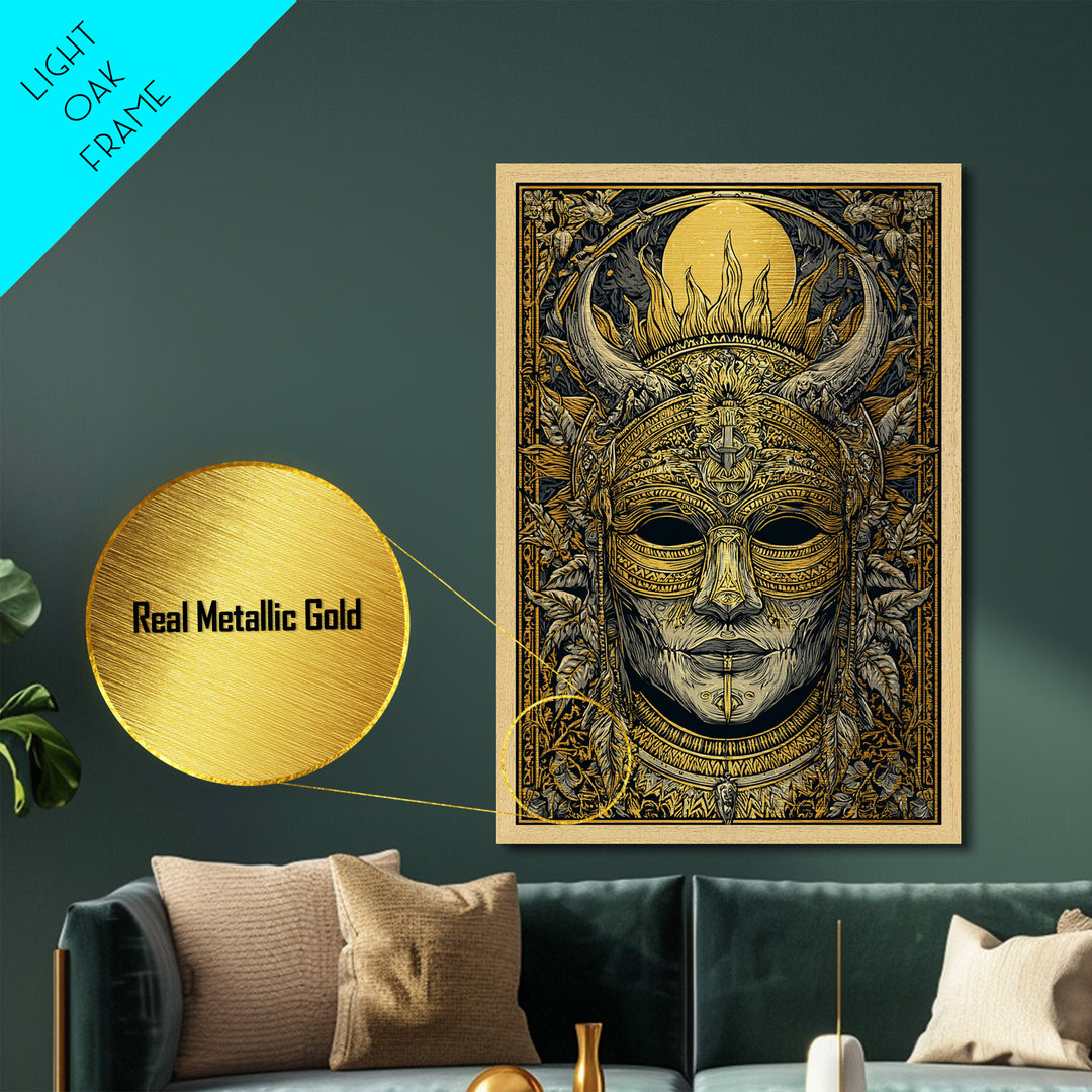 Horned Tribal Mask Metallic Gold Metal Print, Ethnic Warrior Face Art, Ornate Mythic Wall Decor, Real Wood Frame