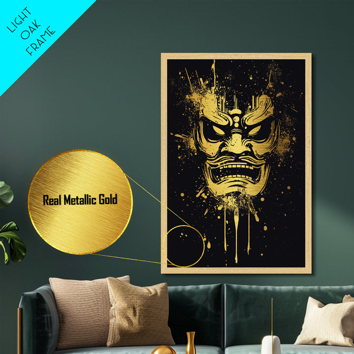 Samurai Oni Mask Metallic Gold Metal Print, Japanese Demon Face Art, Splatter Ink Wall Decor, Real Wood Frame
