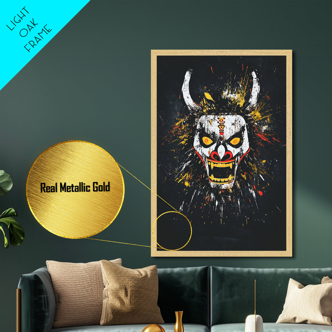 Fiery Demon Mask Metallic Gold Metal Print, Japanese Oni Face Art, Tribal Splatter Style Wall Decor, Real Wood Frame