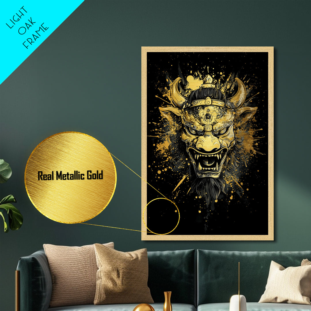Fierce Demon Mask Metallic Gold Metal Print, Mythical Beast Face Art, Splatter Style Wall Decor, Real Wood Frame