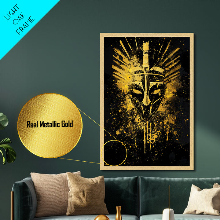 Ancient Warrior Mask Metallic Gold Metal Print, Bold Tribal Face Art, Splatter Ink Wall Decor, Real Wood Frame