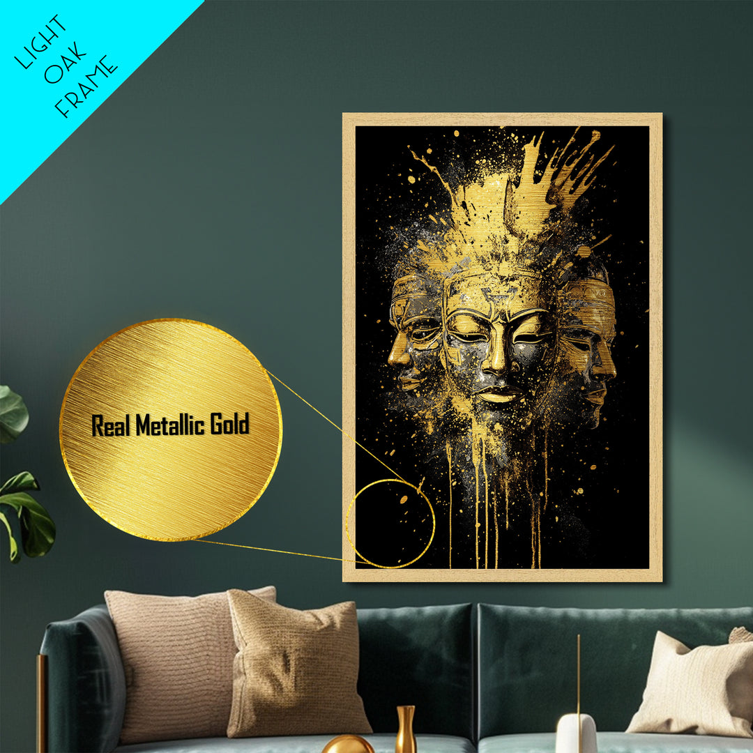 Three Faces Mask Metallic Gold Metal Print, Abstract Spiritual Face Art, Splatter Style Wall Decor, Real Wood Frame