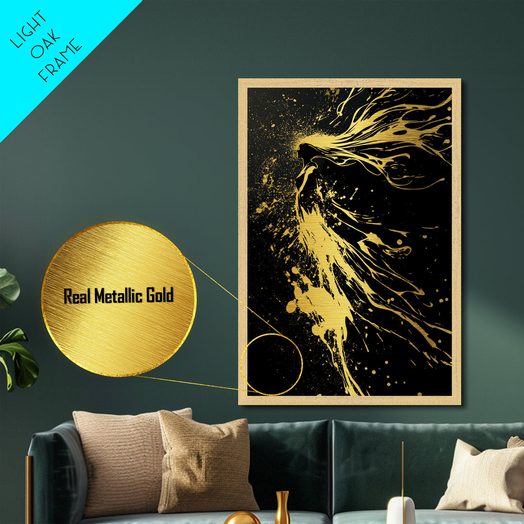 Golden Spirit Woman Metallic Gold Art, Flowing Abstract Female Silhouette, Modern Splatter Wall Decor, Real Wood Frame