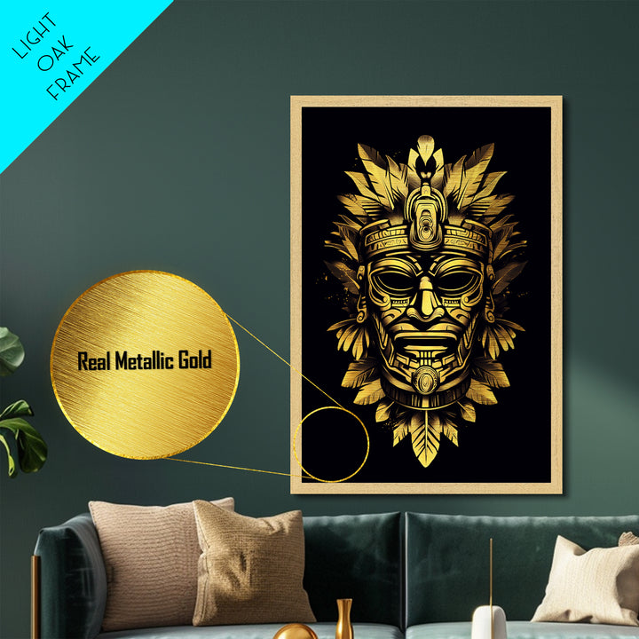Ancient Aztec God Metallic Gold Metal Print, Ornate Tribal Face Artwork, Ethnic Mythic Wall Decor, Real Wood Frame