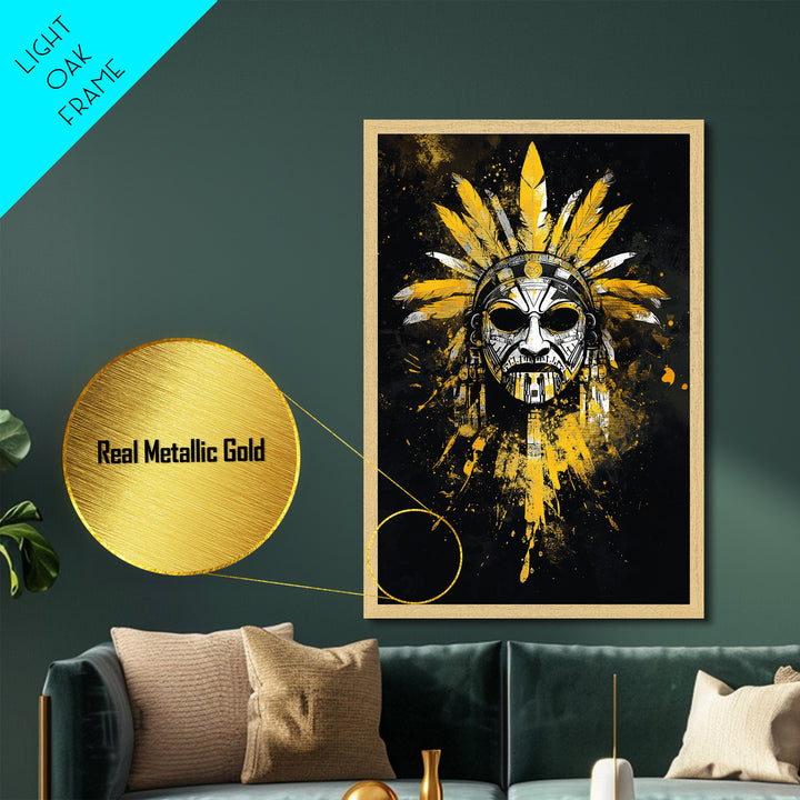 Aztec Skull Mask Metallic Gold Metal Print, Ancient Tribal Face Art, Bold Splatter Style Wall Decor, Real Wood Frame