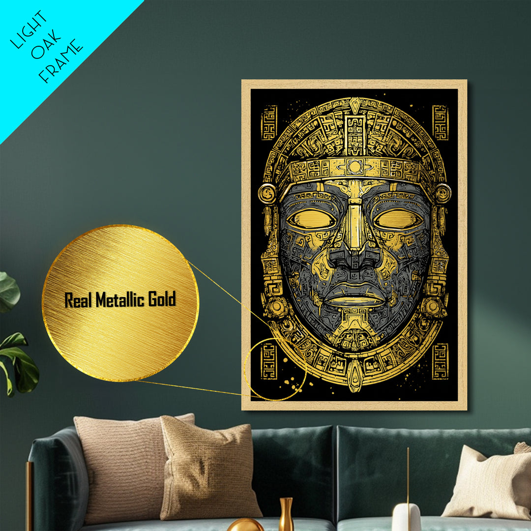 Aztec Warrior Sun Mask Metallic Gold Metal Print, Ornate Tribal Face Artwork, Ancient Ethnic Wall Decor, Real Wood Frame