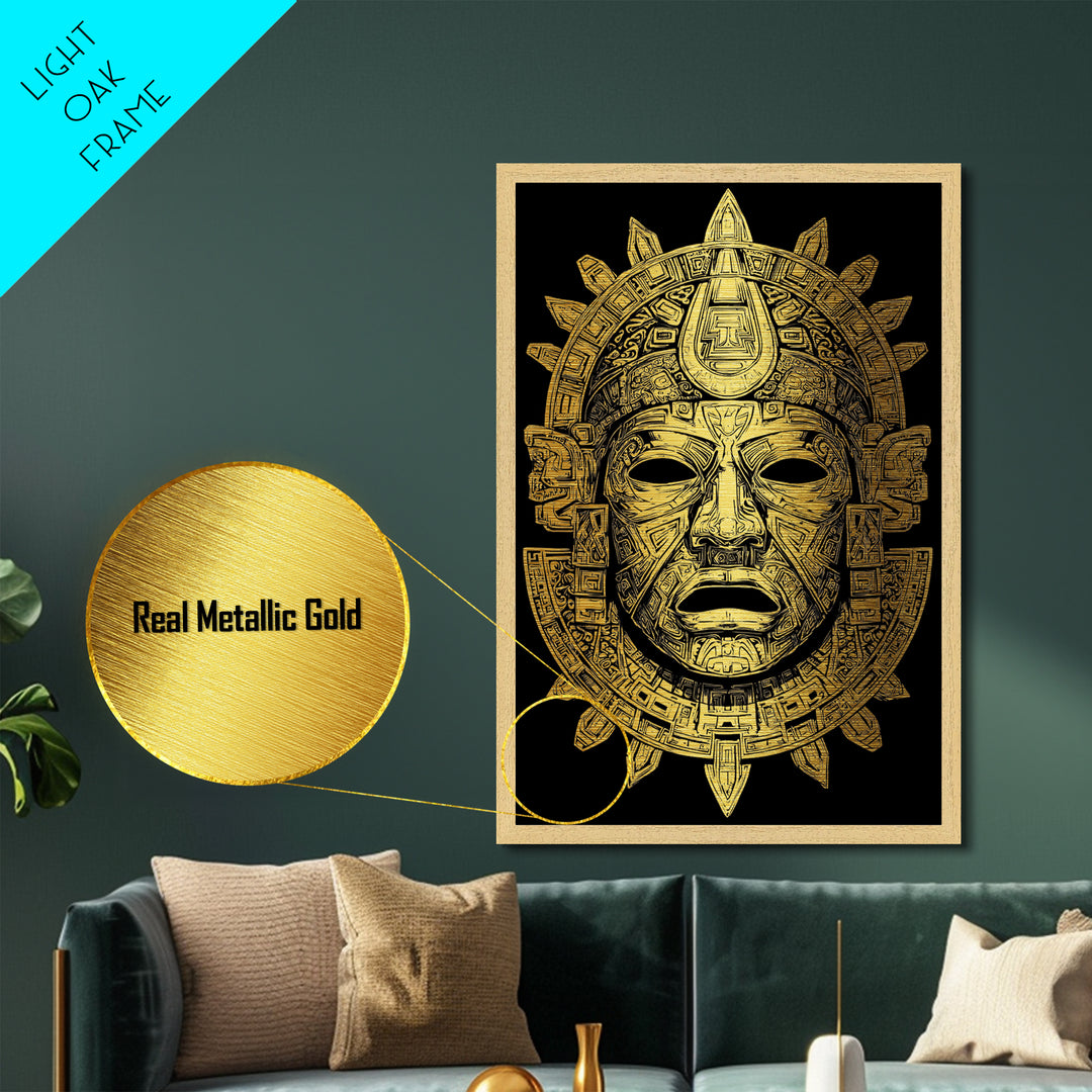 Aztec Deity Mask Metallic Gold Metal Print, Ornate Tribal Face Artwork, Ancient Cultural Wall Hanging, Real Wood Frame
