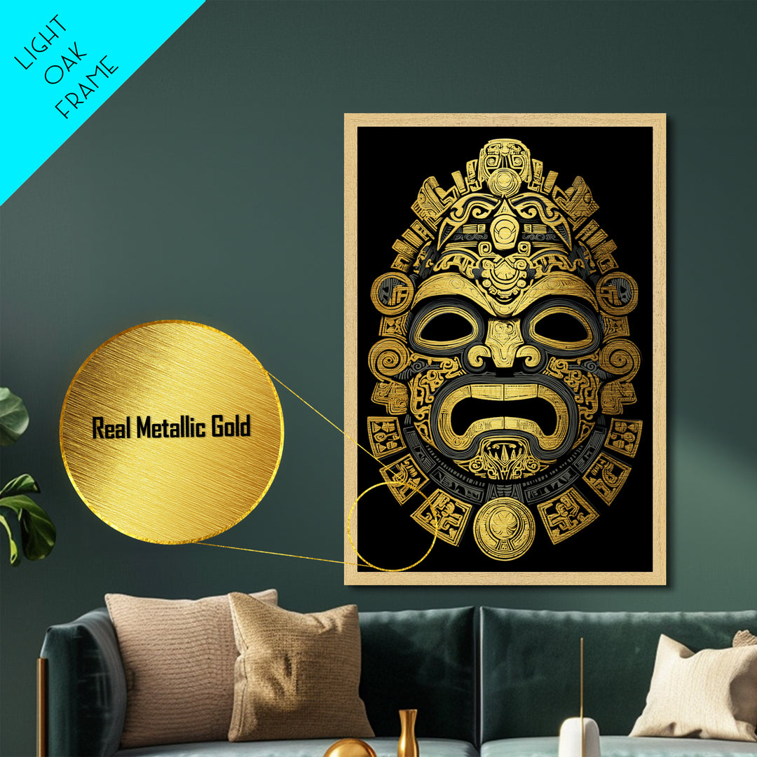 Aztec Feathered God Mask Metallic Gold Metal Print, Ornate Tribal Face Artwork, Ancient Ethnic Wall Decor, Real Wood Frame