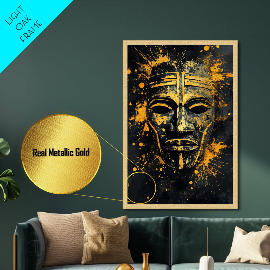 Bakongo Ritual Mask Metallic Gold Metal Print, African Ethnic Face Art, Spiritual Tribal Wall Hanging Decor, Real Wood Frame