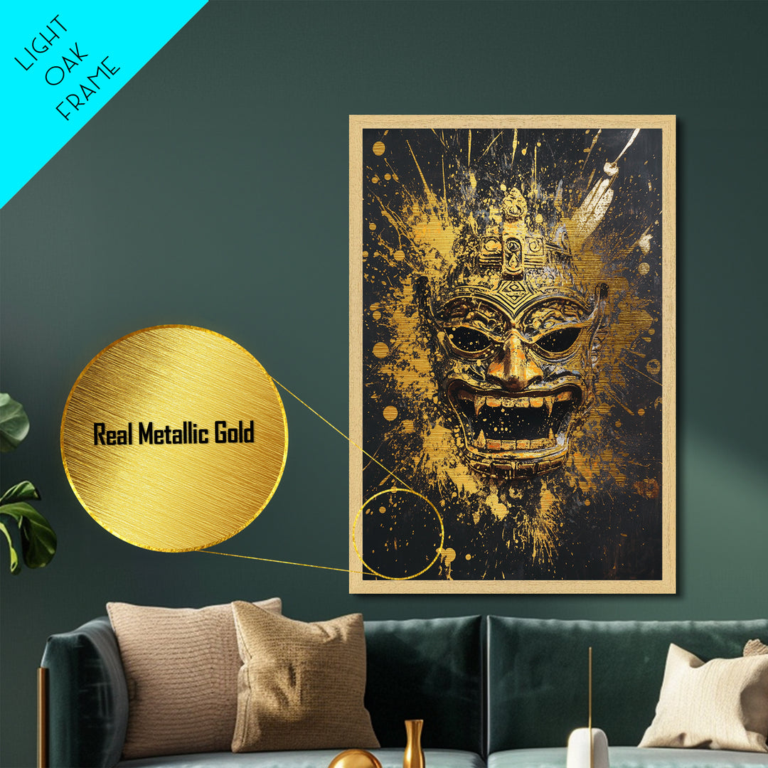 Balinese Demon Mask Metallic Gold Metal Print, Ornate Tribal Face Art, Mythical Splatter Style Wall Decor, Real Wood Frame