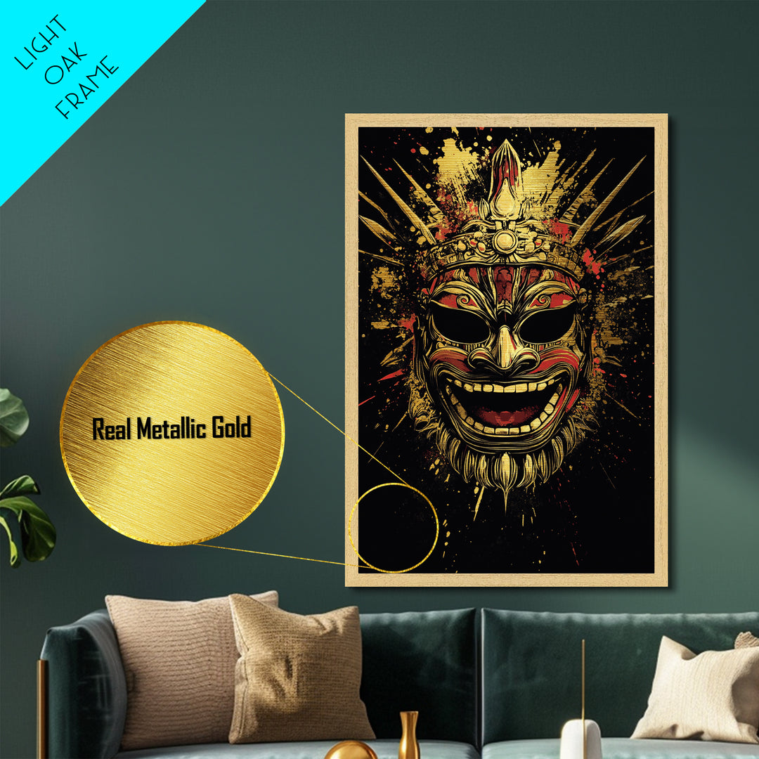 Balinese Guardian Mask Metallic Gold Metal Print, Ornate Tribal Face Artwork, Cultural Ethnic Wall Decor, Real Wood Frame