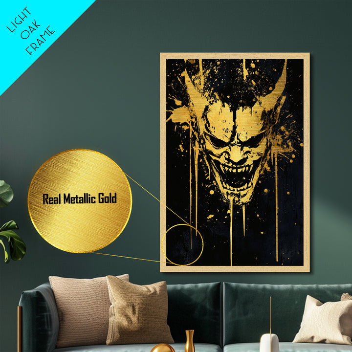 Demonic Splatter Mask Metallic Gold Metal Print, Fierce Abstract Face Art, Bold Horror Inspired Wall Decor, Real Wood Frame
