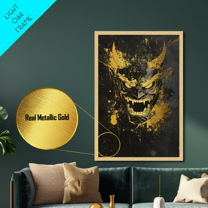 Oni Demon Mask Metallic Gold Metal Print, Japanese Inspired Splatter Artwork, Fierce Mythical Wall Decor, Real Wood Frame