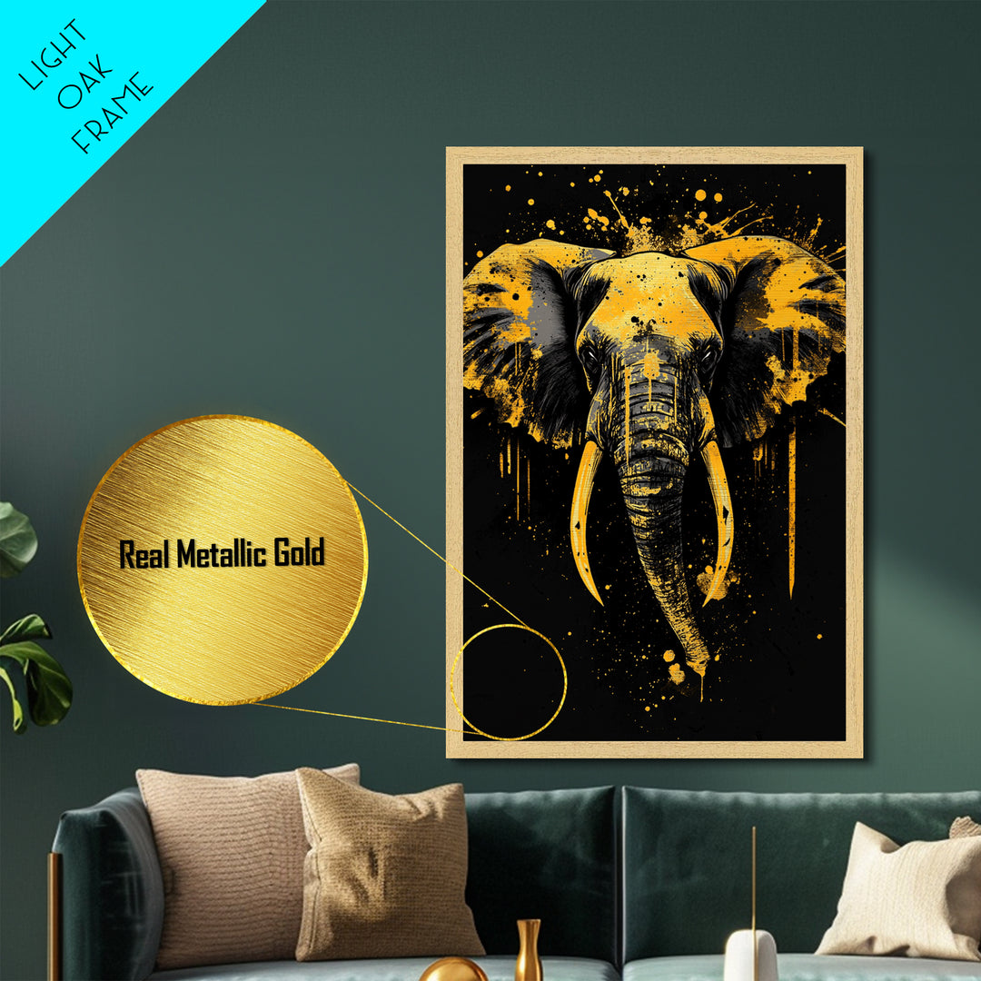 Elephant Head Metallic Gold Metal Print, Splatter Style Wildlife Artwork, Majestic Animal Wall Decor, Real Wood Frame