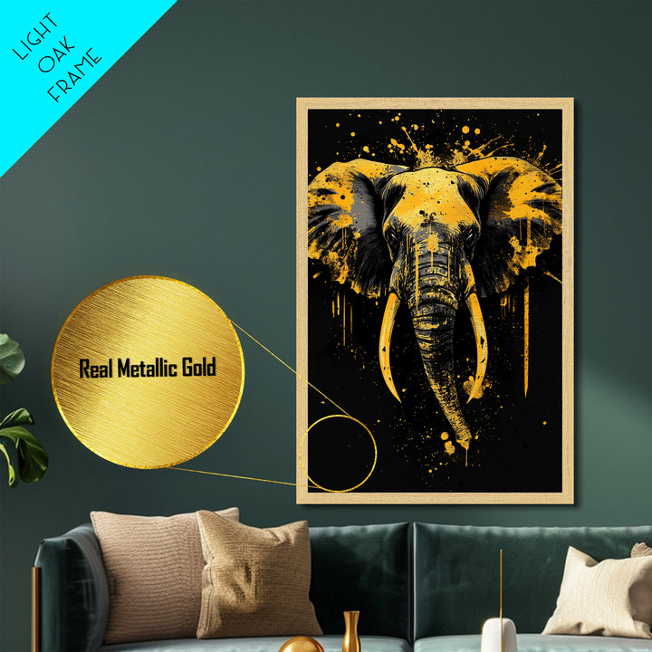 Elephant Head Metallic Gold Metal Print, Splatter Style Wildlife Artwork, Majestic Animal Wall Decor, Real Wood Frame