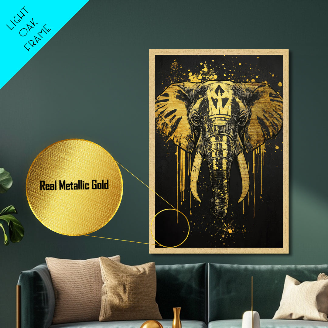 Royal Elephant Metallic Gold Metal Print, Splatter Style Tribal Artwork, Majestic Animal Wall Decor, Real Wood Frame