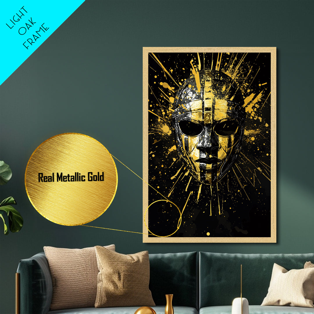 Ancient Warrior Mask Metallic Gold Metal Print, Ornate Tribal Face Artwork, Bold Splatter Style Wall Decor, Real Wood Frame