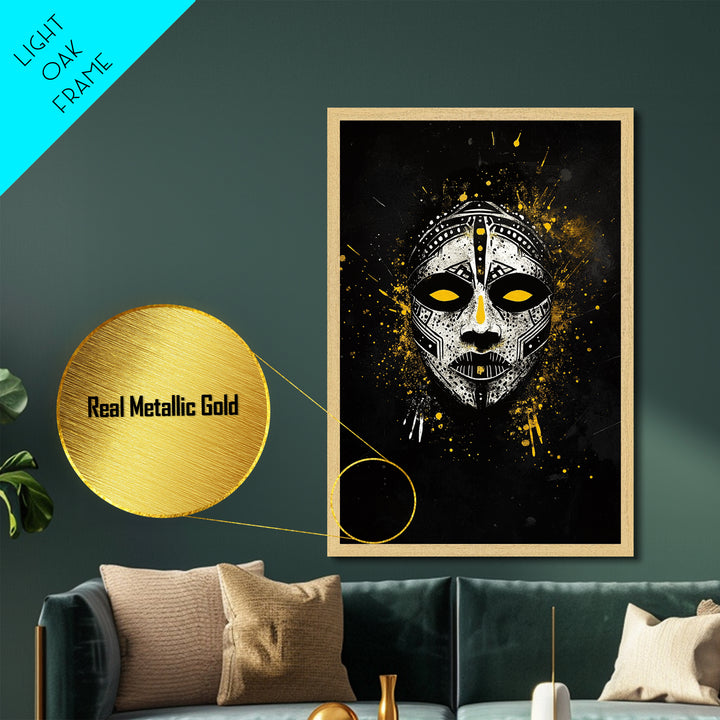 Tribal Painted Mask Metallic Gold Metal Print, Ethnic Face Artwork, Bold Splatter Ink Wall Hanging Decor, Real Wood Frame