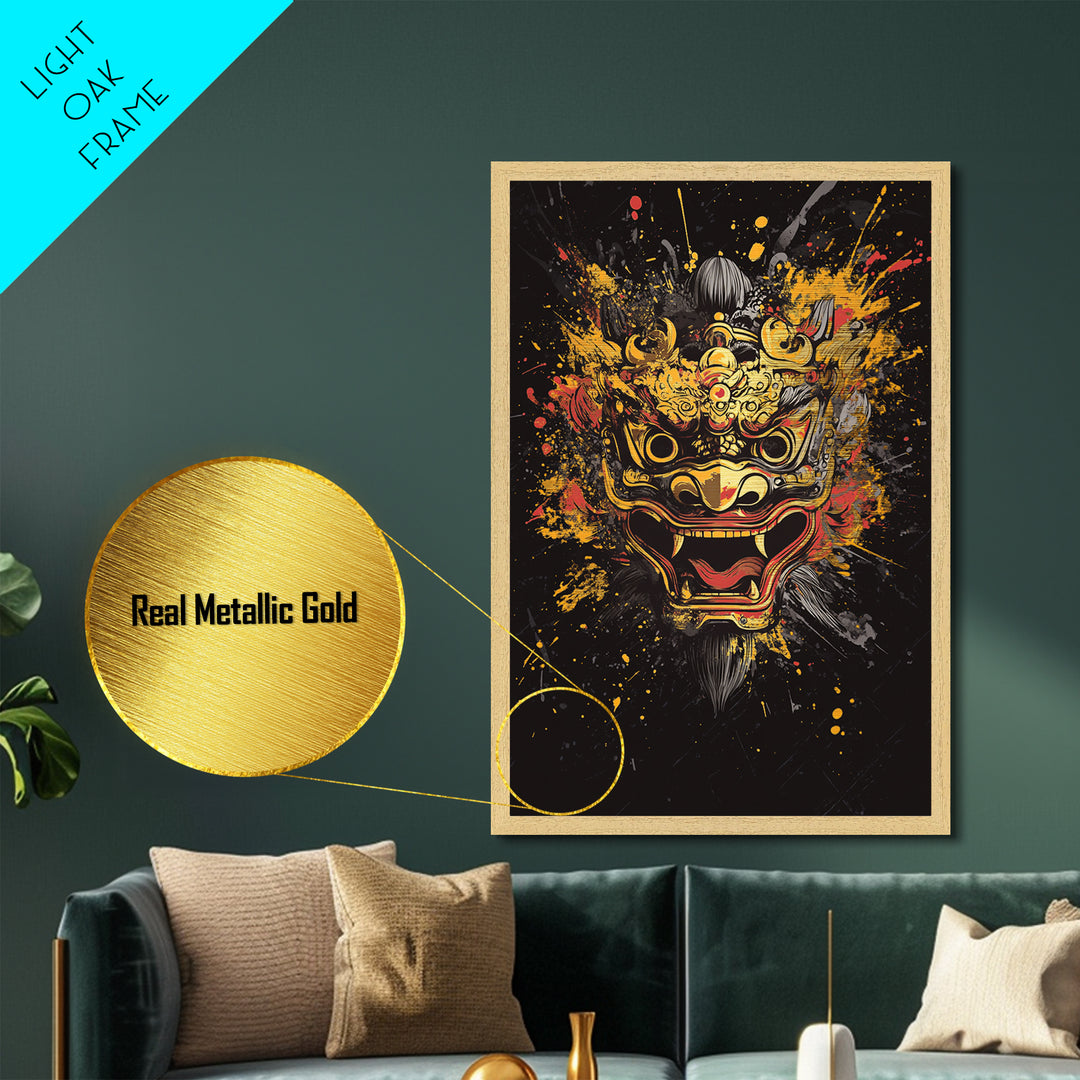 Barong Mythical Mask Metallic Gold Metal Print, Ornate Balinese Face Artwork, Cultural Splatter Wall Decor, Real Wood Frame