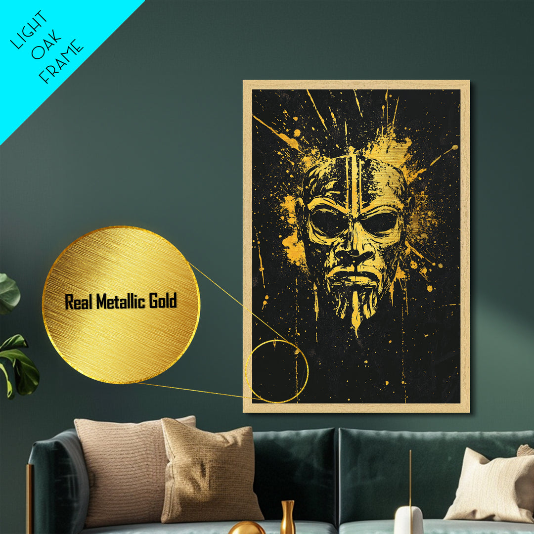 Batak Tribal Mask Metallic Gold Metal Print, Ornate Ethnic Face Artwork, Ancient Cultural Wall Hanging Decor, Real Wood Frame