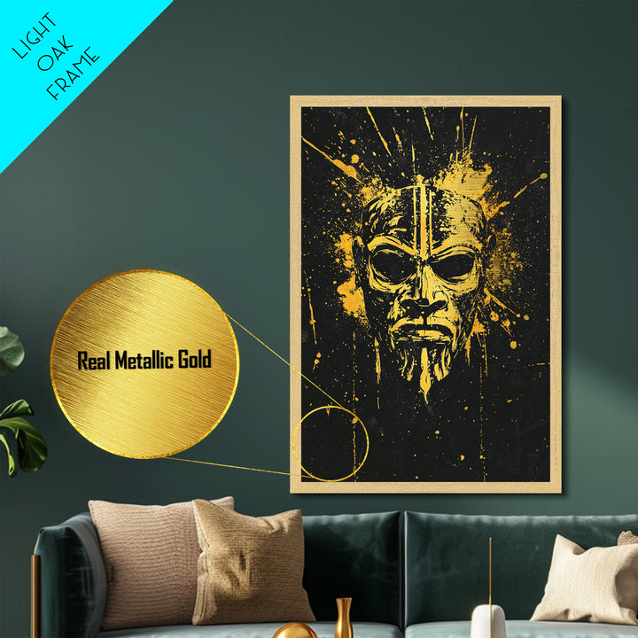 Batak Tribal Mask Metallic Gold Metal Print, Ornate Ethnic Face Artwork, Ancient Cultural Wall Hanging Decor, Real Wood Frame