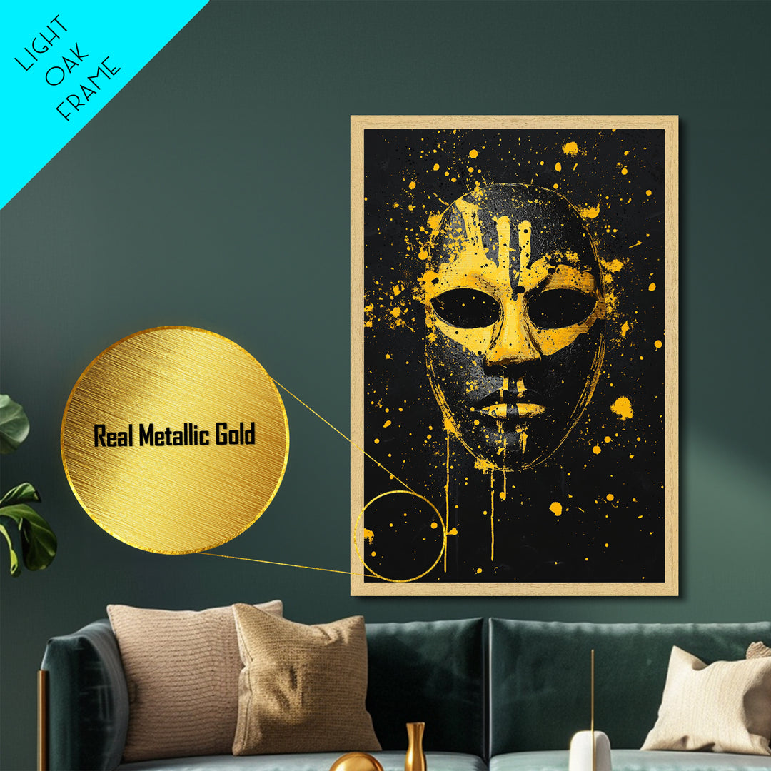 Abstract Splatter Mask Metallic Gold Metal Print, Tribal Face Wall Art, Bold Modern Mask Artwork, Real Wood Frame Home Decor