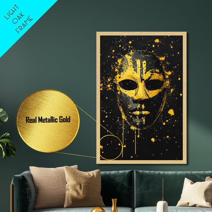 Abstract Splatter Mask Metallic Gold Metal Print, Tribal Face Wall Art, Bold Modern Mask Artwork, Real Wood Frame Home Decor